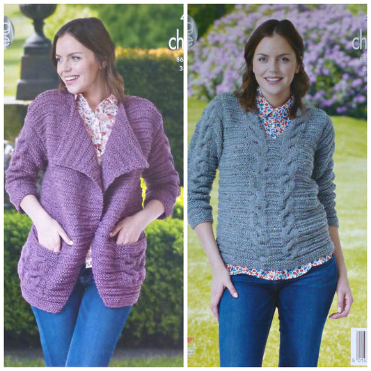 DIGITAL Knitting Pattern Ladies Cable and Textured Jumper and Cardigan Chunky Tweed King Cole 4422