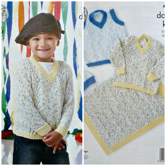 DIGITAL Knitting Pattern Childrens Cable Blanket, Hat & V-Neck Jumpers DK 4447 king Cole