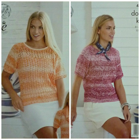 DIGITAL Knitting Pattern Ladies Short Sleeve Lace Jumpers and Cowl DK King Cole 4459