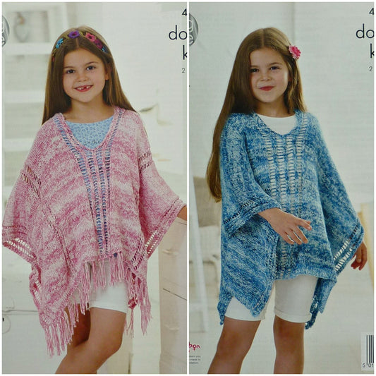 DIGITAL Knitting Pattern Girls Deep Round Neck Ponchos DK King Cole 4463