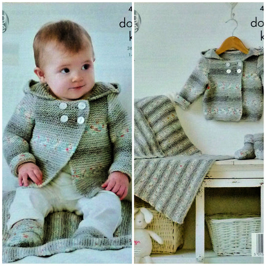 DIGITAL Knitting Pattern Baby Double Breasted Hooded Jacket, Bootees & Blanket DK King Cole 4487