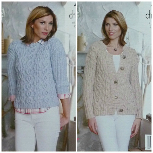 DIGITAL Knitting Pattern Ladies Cable Jumper and Cardigan Chunky King Cole 4507