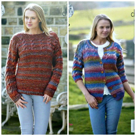 DIGITAL Knitting Pattern Ladies Easy Knit Cable Yoke Cardigan and Jumper Chunky King Cole 4663