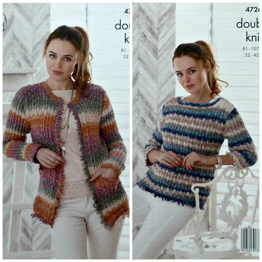 DIGITAL Knitting Pattern Ladies Fringed Jumper or Cardigan with Pockets DK King Cole 4726