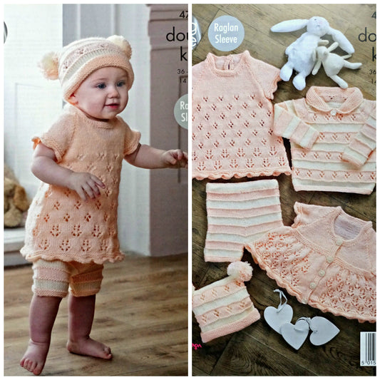 DIGITAL Knitting Pattern Baby Lacy Dress Hat Jumper Shorts Cardigan DK King Cole 4731