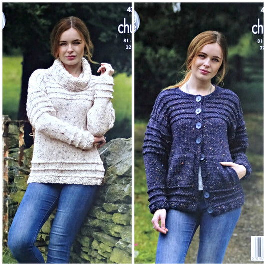 DIGITAL Knitting Pattern Ladies Cowl Neck Jumper & Round Neck Cardigan Chunky Tweed King Cole 4743