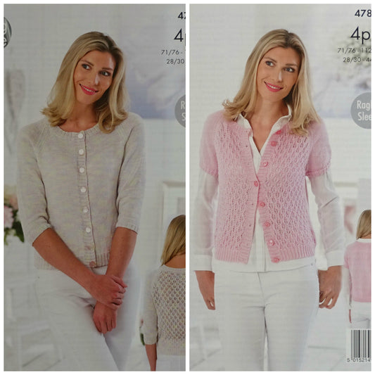 DIGITAL Knitting Pattern Ladies Lace Back Lace Front Cardigans Cotton 4ply King Cole 4785