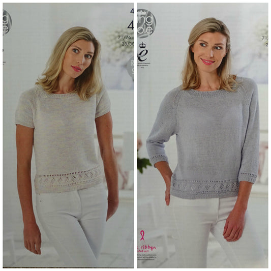 DIGITAL Knitting Pattern Ladies 3/4 or Short Sleeve Jumper Giza Cotton 4ply King Cole 4788