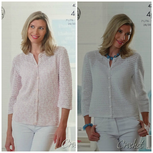 DIGITAL Crochet Pattern Ladies 3/4 Sleeve Short Cardigan Giza Cotton 4ply King Cole 4790