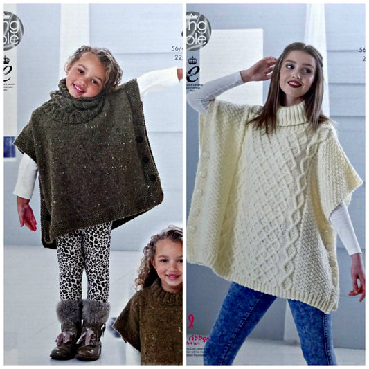 DIGITAL Knitting Pattern Girls Easy Knit Tabbard & Cowl & Ladies Cable Poncho Aran 4841