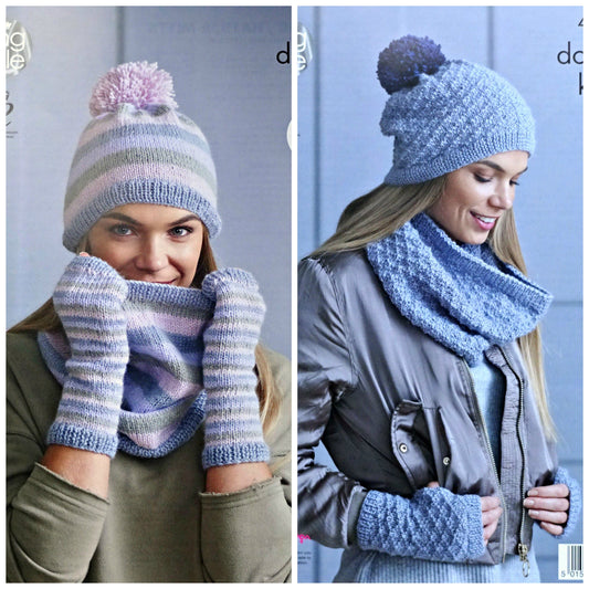 DIGITAL Knitting Pattern Ladies Easy Knit Cowl Hat & Fingerless Gloves DK King Cole 4869