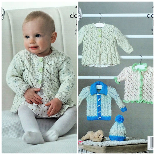 DIGITAL Knitting Pattern Baby's Lacy Cardigans Jacket and Hat DK 4887 King Cole