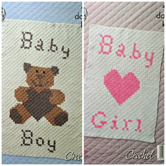 DIGITAL Crochet Pattern Baby Blanket with Teddy/Heart/Baby Boy/Baby Girl Motif DK King Cole 4890