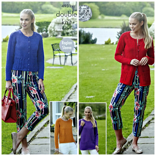DIGITAL Knitting Pattern Ladies Cable Jumper and Cardigan 2 Lengths DK 4931 King Cole