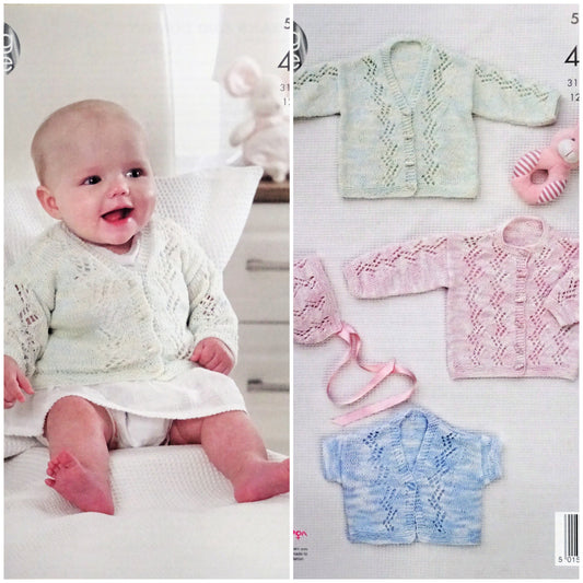 DIGITAL Knitting Pattern Baby's Lacy Cardigans & Bonnet Giza 4ply 5001 King Cole