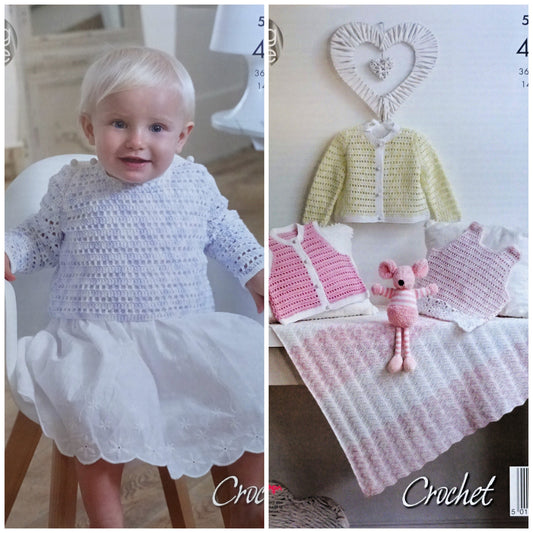 DIGITAL Crochet Pattern Baby Shawl Cardigan Dress Jumper & Waistcoat Cotton 4ply King Cole 5003