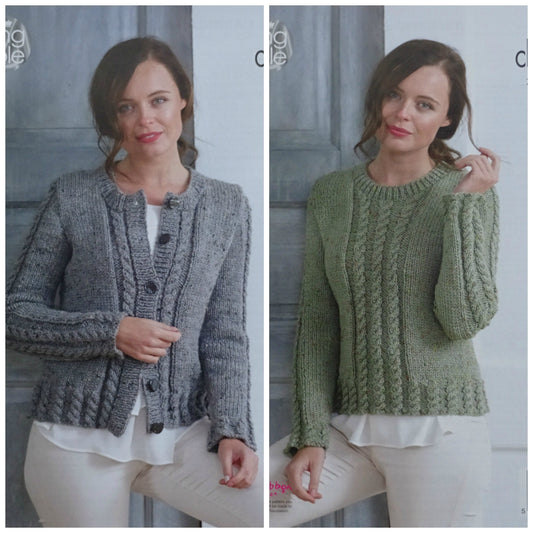 DIGITAL Knitting Pattern Ladies Cable Rib Cardigan & Jumper Chunky Tweed King Cole 5013