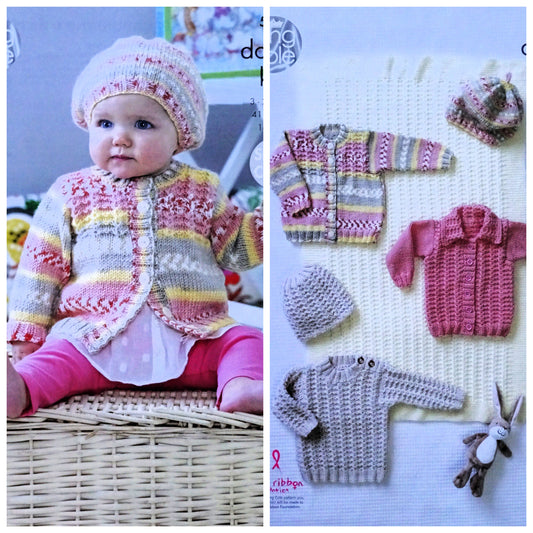DIGITAL Knitting Pattern Baby Easy Cable Cardigan, Jumper, Jacket and 2 Hats Cherish DK King Cole 5082