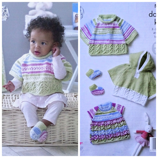 DIGITAL Knitting Pattern Baby Jumper, Hooded Cape, Bootees and Dress Cherish DK King Cole 5084