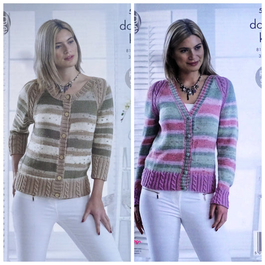 DIGITAL Knitting Pattern Ladies Round or V-Neck Cable Rib Cardigans Cotton DK 5094