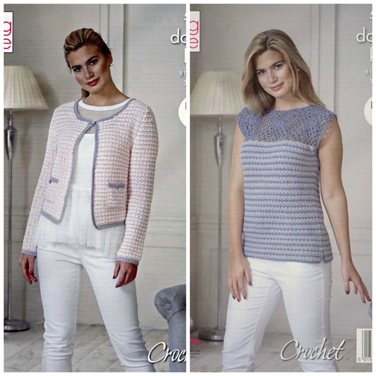 DIGITAL Crochet Pattern Ladies Box Jacket and Sleeveless Top Finesse Cotton Silk DK King Cole 5114