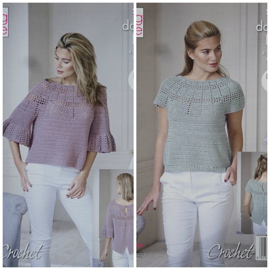 DIGITAL Crochet Pattern Ladies Short or 3/4 Sleeve Tops Finesse Cotton Silk DK King Cole 5115