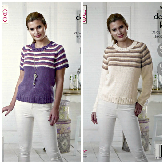 DIGITAL Knitting Pattern Ladies Long or Short Raglan Sleeve Jumper with Striped Yoke Cotton DK King Cole 5125