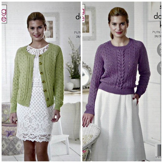 DIGITAL Knitting Pattern Ladies Eyelet & Cable Jumper and Cardigan Cotton DK King Cole 5127