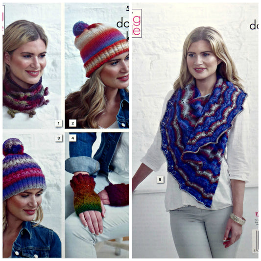 DIGITAL Knitting Pattern Ladies 2 Styles of Hat, Cowl, Shawl and Fingerless Mittens DK King Cole 5150