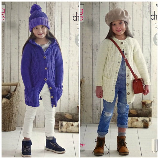 DIGITAL Knitting Pattern Girls Hooded or Round Neck Cable Coat and Hat Chunky King Cole 5166