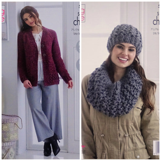 DIGITAL Knitting Pattern Ladies V-Neck Jacket, Lace Cowl and Hat Super Chunky King Cole 5196