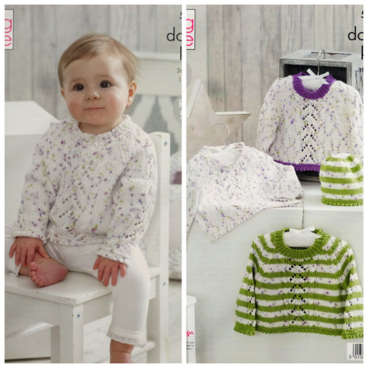 DIGITAL Knitting Pattern Baby Plain, Striped or Contrast Border Jumpers Cottonsoft DK King Cole 5205