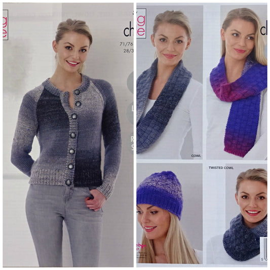 DIGITAL Knitting Pattern Ladies Easy Knit Cardigan, Cowls, Scarf and Hat King Cole 5240