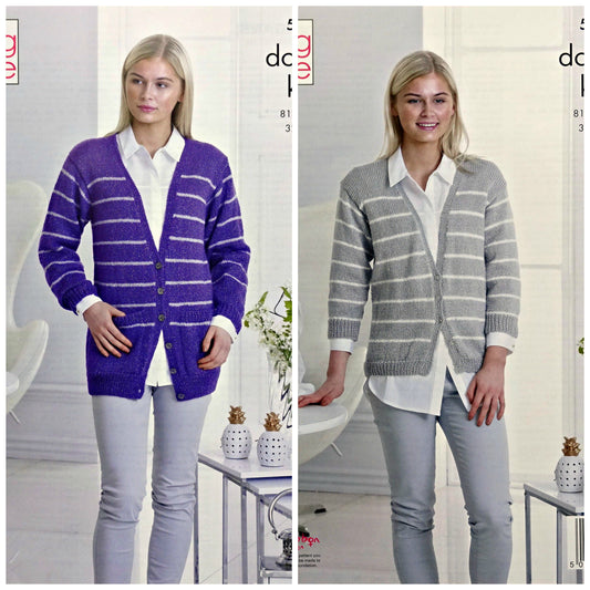 DIGITAL Knitting Pattern Ladies Striped Cardigans in two lengths Glitz DK King Cole 5251