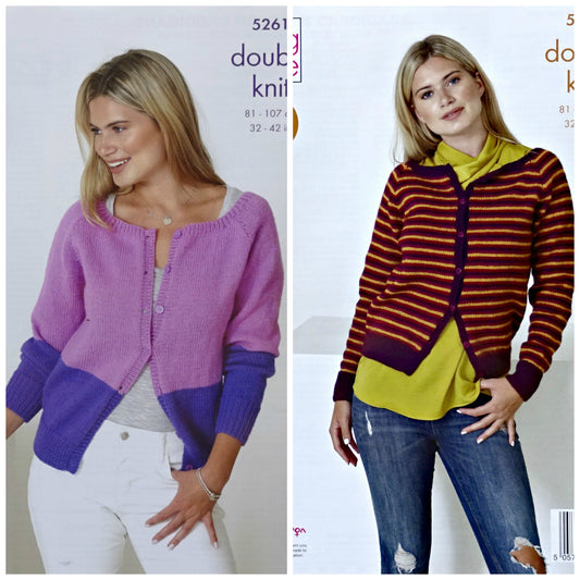 DIGITAL Knitting Pattern Ladies Easy Knit 2 Colour or Striped Cardigans DK King Cole 5261