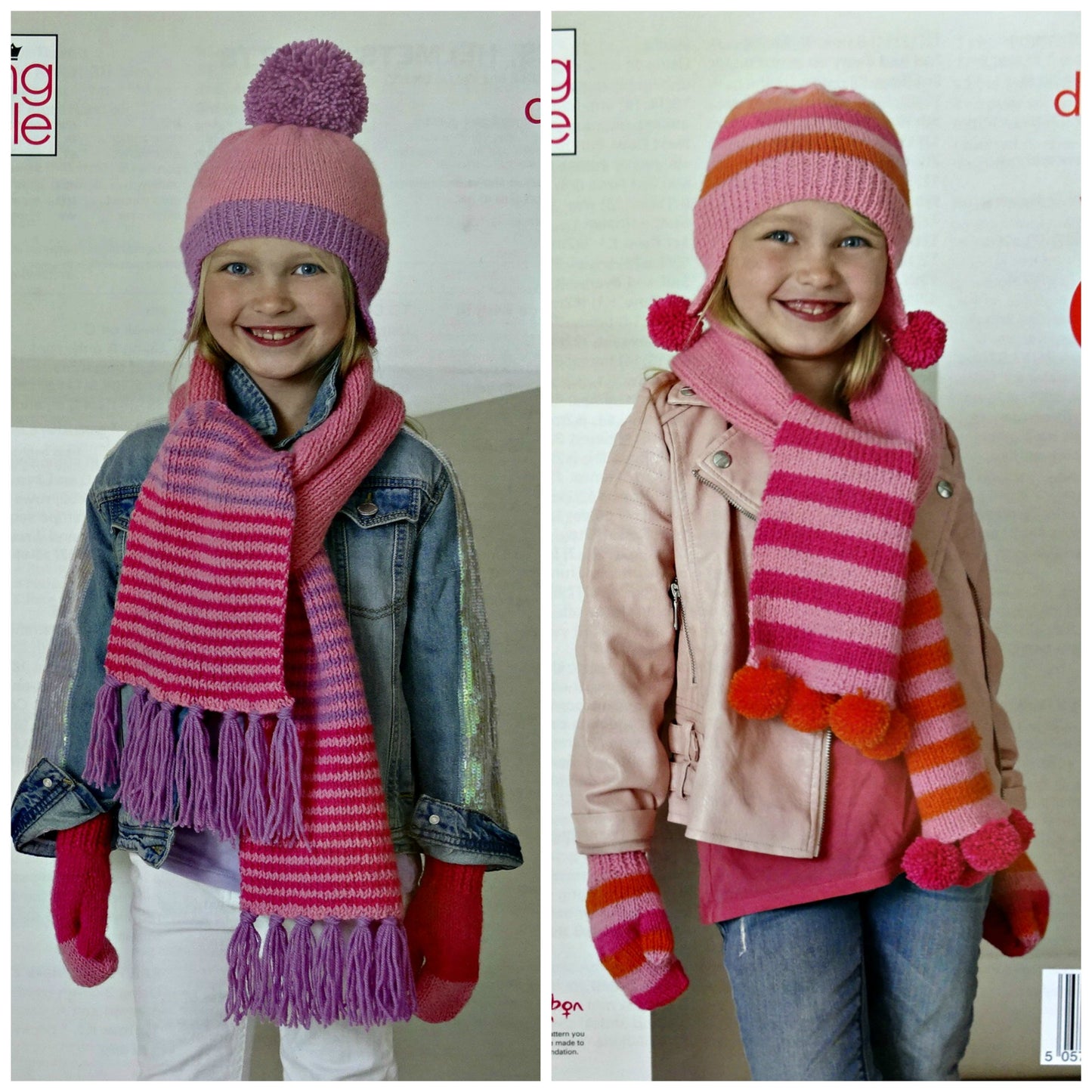 DIGITAL Knitting Pattern Childrens Easy Knit Striped Helmet Scarf Mitts DK KingCole 5263