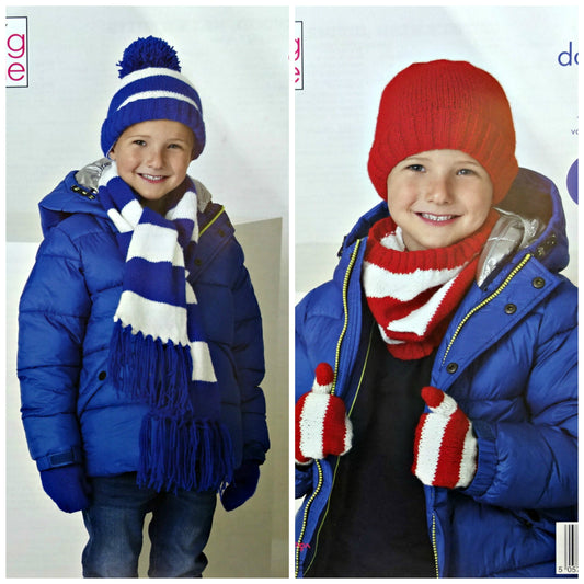 DIGITAL Knitting Pattern Childrens Easy Knit Striped Hat Scarf Mitts DK King Cole 5266