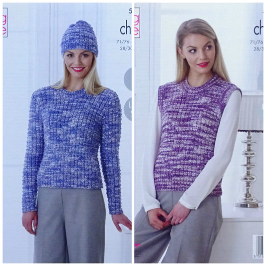 DIGITAL Knitting Pattern Ladies Easy Knit Jumper, Slipover & Hat Chunky King Cole 5274