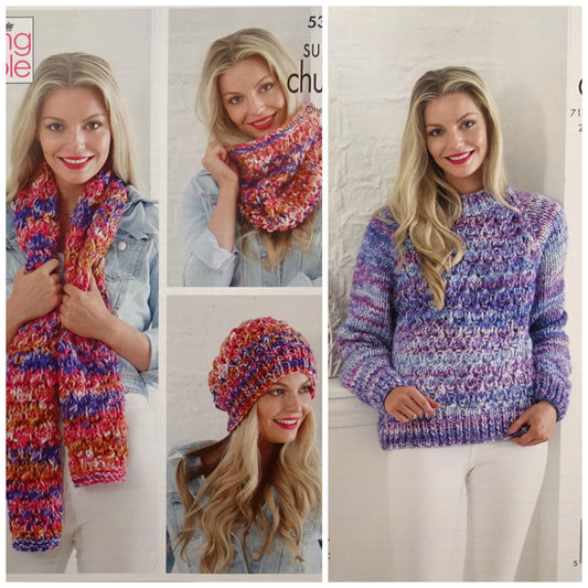 DIGITAL Knitting Pattern Ladies Textured Jumper, Hat, Scarf & Cowl Super Chunky King Cole 5319