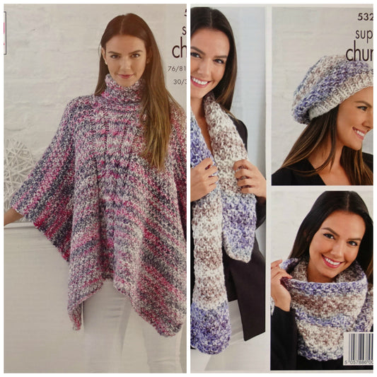 DIGITAL Knitting Pattern Ladies Cable Poncho, Hat, Scarf, Cowl Super Chunky King Cole 5320