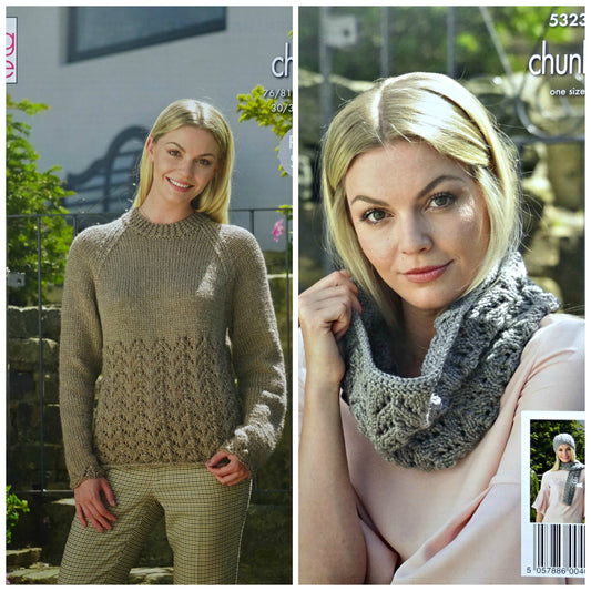 DIGITAL Knitting Pattern Ladies Lacy Jumper, Cowl, Scarf and Hat Chunky King Cole 5323