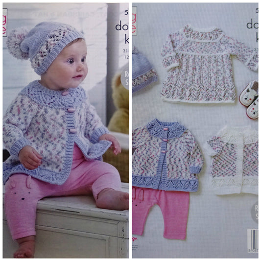 DIGITAL Knitting Pattern Babys Dress Jacket Cardigan Hat Cherished Dash DK King Cole 5329