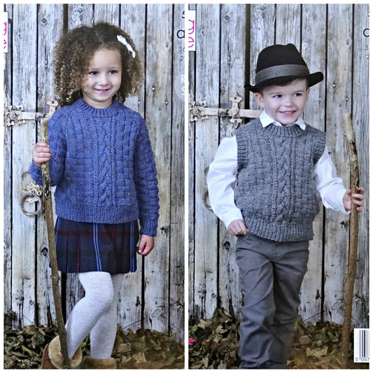 DIGITAL Knitting Pattern Childrens Cable Jumper & Slipover Aran King Cole 5346