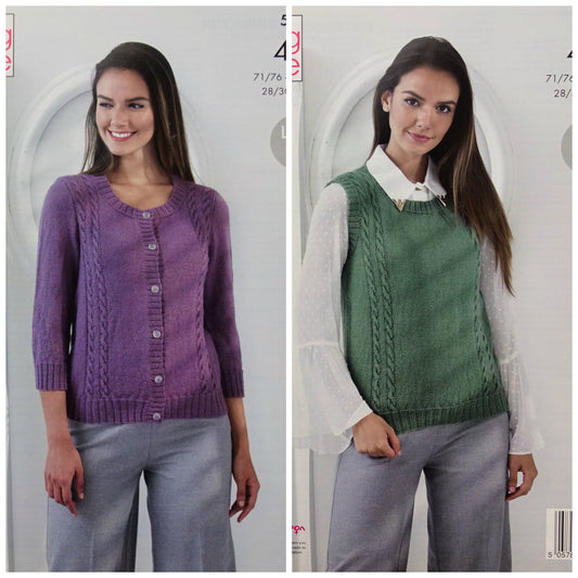 DIGITAL Knitting Pattern Ladies Cable Cardigan and Sleeveless Top 4ply King Cole 5348