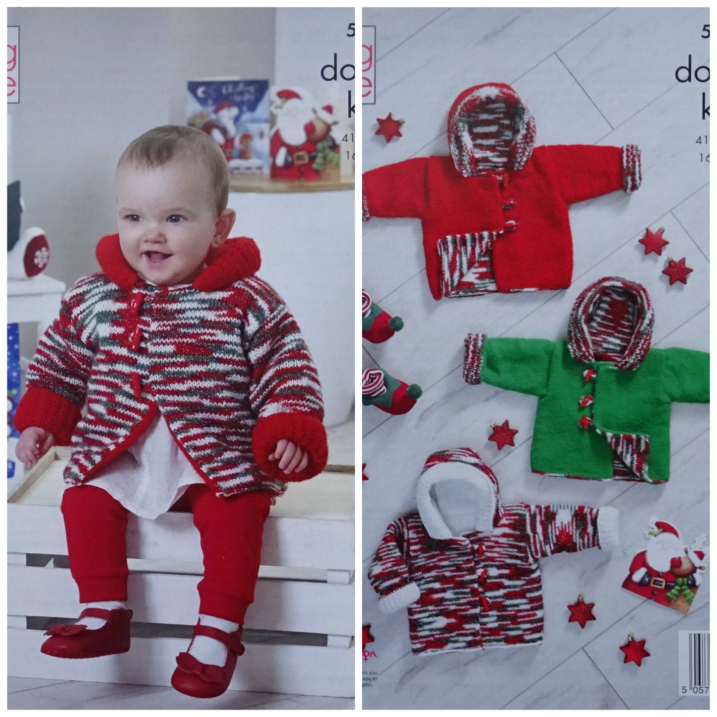 DIGITAL Knitting Pattern Baby Christmas Reversable Hooded Duffle Jackets Glitz DK 5352