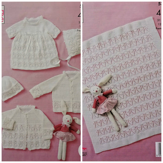 DIGITAL Knitting Pattern Lace Baby Blanket Hats Dress & Cardigans 4ply King Cole 5358