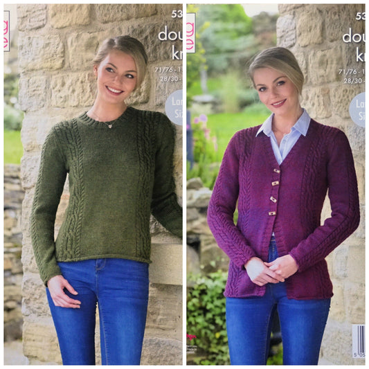 DIGITAL Knitting Pattern Ladies Long Sleeve Cable Jumper and Cardigan DK King Cole 5364
