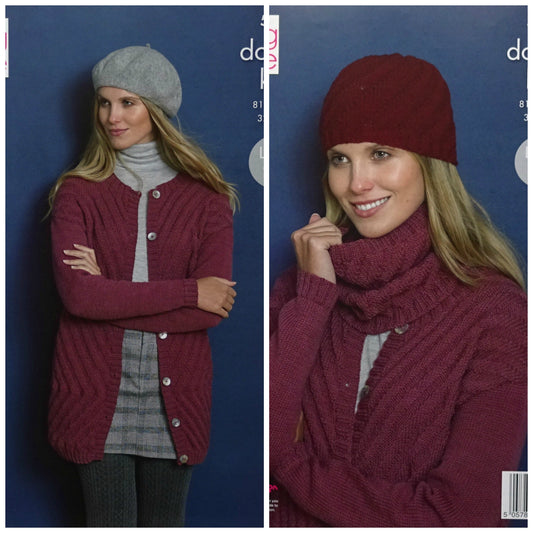 DIGITAL Knitting Pattern Ladies Long Cardigan, Hat and Cowl Merino DK 5393 King Cole