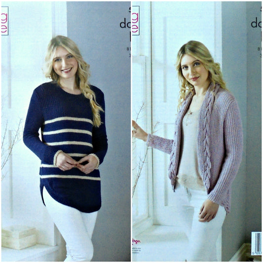 DIGITAL Knitting Pattern Ladies Striped Tunic and Cardigan with Cable Trim Cotton DK King Cole 5395