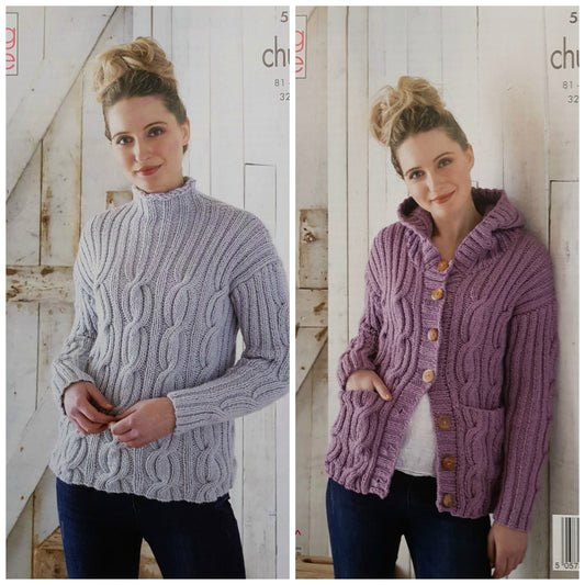 DIGITAL Knitting Pattern Ladies Cable Jumper and Hooded Cable Jacket Chunky 5397